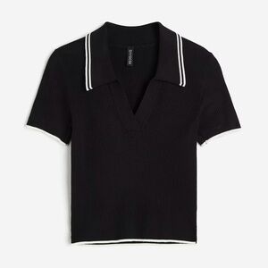 H&M Black V-Neck Collared Tee with White Trim